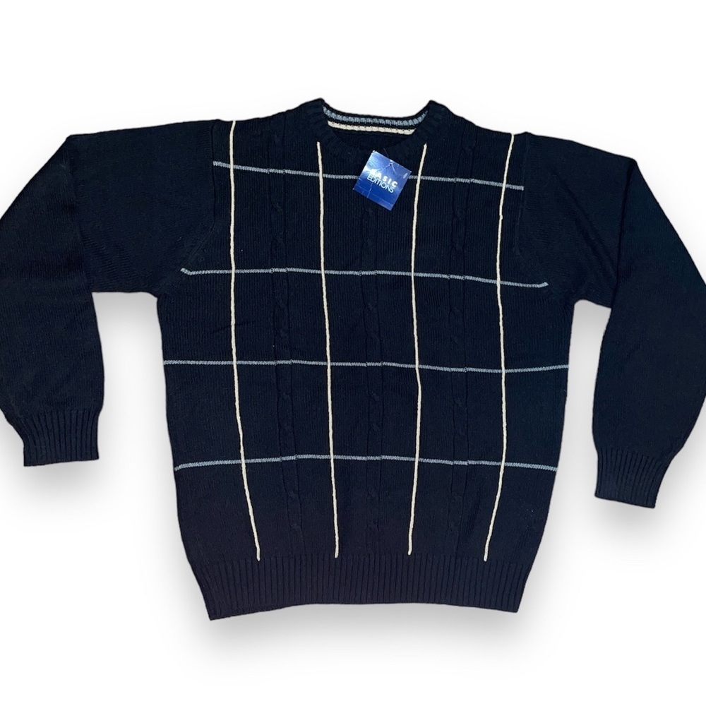 Basic Editions NWT LARGE Cotton/Rayon retro checked black unisex sweater